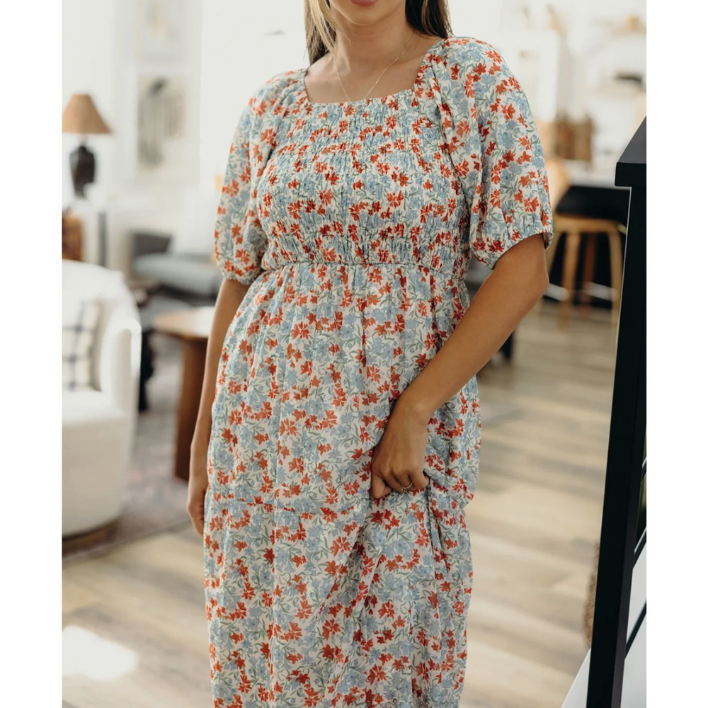 Mikarose Dress Womens XXL Blue Red Floral Smocked Square Neck Maxi Sundress Boho - Picture 2 of 16